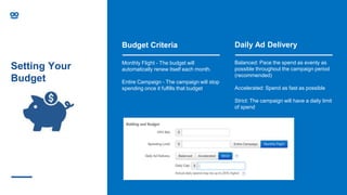 Setting Your
Budget
Budget Criteria Daily Ad Delivery
Balanced: Pace the spend as evenly as
possible throughout the campaign period
(recommended)
Accelerated: Spend as fast as possible
Strict: The campaign will have a daily limit
of spend
Monthly Flight - The budget will
automatically renew itself each month.
Entire Campaign - The campaign will stop
spending once it fulfills that budget
 