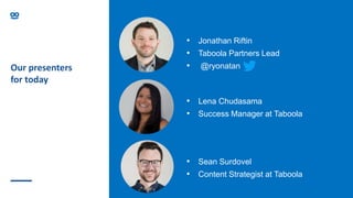 Our presenters
for today
• Sean Surdovel
• Content Strategist at Taboola
• Lena Chudasama
• Success Manager at Taboola
• Jonathan Riftin
• Taboola Partners Lead
• @ryonatan
 