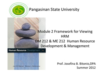 Pangasinan State University



    Module 2 Framework for Viewing
                HRM
   DM 212 & ME 212 Human Resource
     Development & Management



               Prof. Josefina B. Bitonio,DPA
                              Summer 2012
 