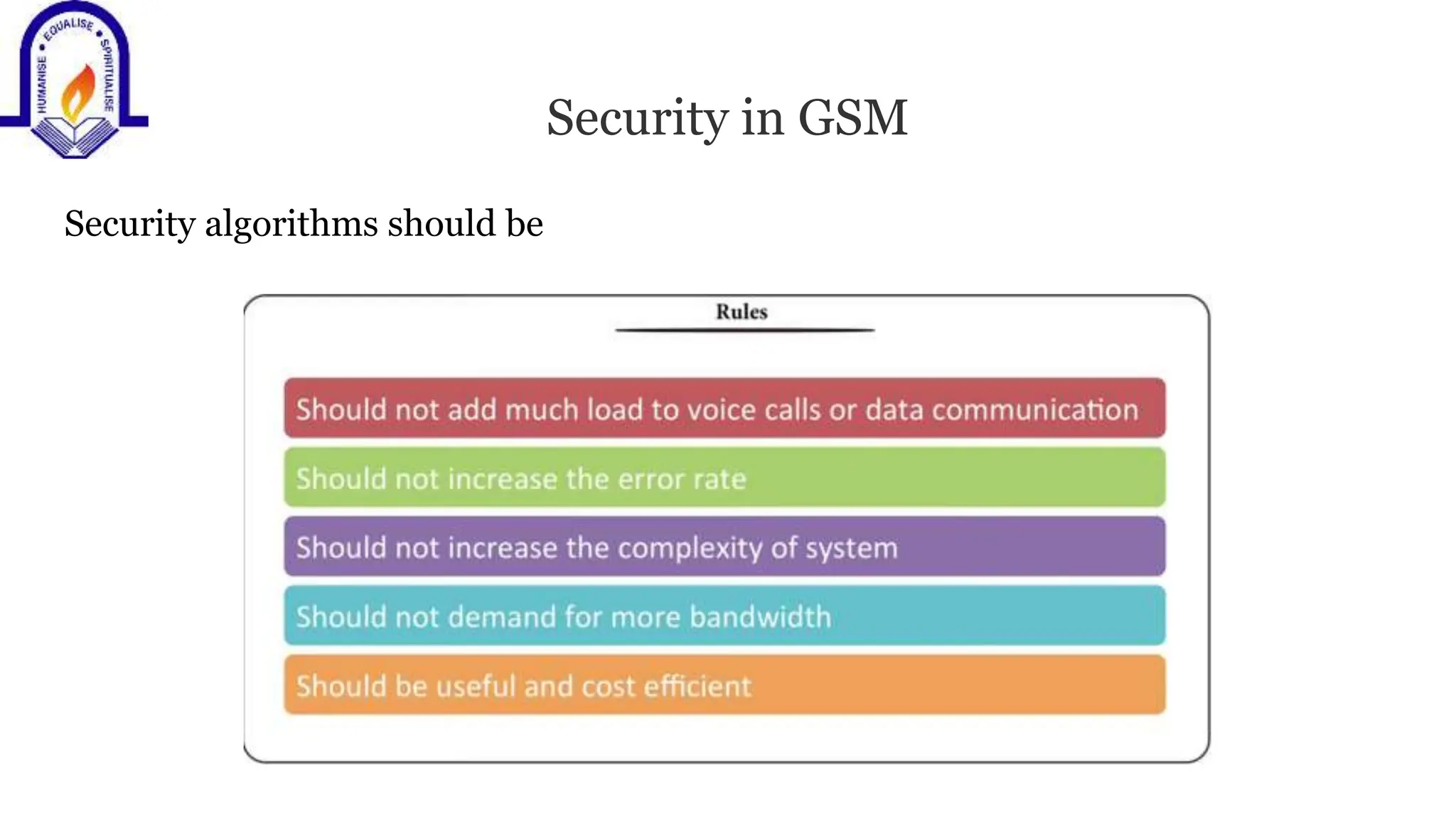 Security in GSM
Security algorithms should be
 