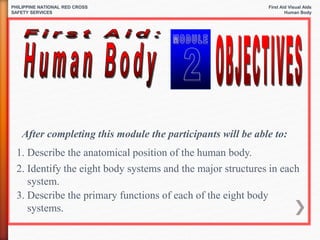 First Aid Visual Aids
Human Body
PHILIPPINE NATIONAL RED CROSS
SAFETY SERVICES
After completing this module the participants will be able to:
1. Describe the anatomical position of the human body.
2. Identify the eight body systems and the major structures in each
system.
3. Describe the primary functions of each of the eight body
systems.
 