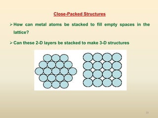 23
Close-Packed Structures
How can metal atoms be stacked to fill empty spaces in the
lattice?
Can these 2-D layers be stacked to make 3-D structures
 
