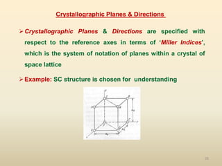 26
Crystallographic Planes & Directions are specified with
respect to the reference axes in terms of ‘Miller Indices’,
which is the system of notation of planes within a crystal of
space lattice
Example: SC structure is chosen for understanding
Crystallographic Planes & Directions
 