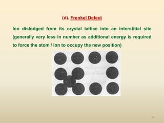 36
(d). Frenkel Defect
Ion dislodged from its crystal lattice into an interstitial site
(generally very less in number as additional energy is required
to force the atom / ion to occupy the new position)
 