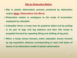 56
Slip by Dislocation Motion
Slip is plastic deformation process produced by dislocation
motion (Note: Dislocations Can Move)
Dislocation motion is analogous to the mode of locomotion
employed by caterpillar
Caterpillar forms a hump near its posterior (later) end by pulling
in its pair of legs unit leg distance and then this hump is
propelled forward by repeating lifting and shifting of leg pairs
When a hump moves forward, entire caterpillar moves forward
by leg separation distance corresponding to extra half plane of
atoms in its dislocation model of plastic deformation
 
