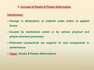 58
4. Concept of Elastic & Plastic Deformation
Introduction:
Change in dimensions of material under action of applied
forces
Caused by mechanical action or by various physical and
physio-chemical processes
Deformed components are superior to cast components in
performance
Types: Elastic & Plastic deformations
 