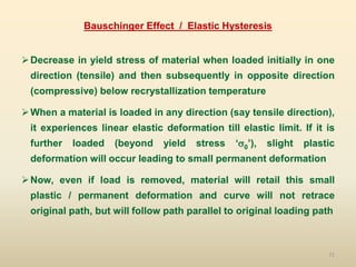 71
Bauschinger Effect / Elastic Hysteresis
Decrease in yield stress of material when loaded initially in one
direction (tensile) and then subsequently in opposite direction
(compressive) below recrystallization temperature
When a material is loaded in any direction (say tensile direction),
it experiences linear elastic deformation till elastic limit. If it is
further loaded (beyond yield stress ‘0’), slight plastic
deformation will occur leading to small permanent deformation
Now, even if load is removed, material will retail this small
plastic / permanent deformation and curve will not retrace
original path, but will follow path parallel to original loading path
 