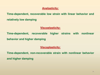 74
Anelasticity:
Time-dependent, recoverable low strain with linear behavior and
relatively low damping
Viscoelasticity:
Time-dependent, recoverable higher strains with nonlinear
behavior and higher damping
Viscoplasticity:
Time-dependent, non-recoverable strain with nonlinear behavior
and higher damping
 
