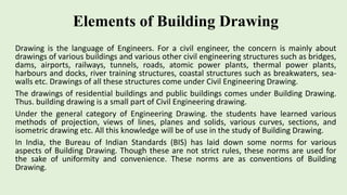 Elements of Building Drawing
Drawing is the language of Engineers. For a civil engineer, the concern is mainly about
drawings of various buildings and various other civil engineering structures such as bridges,
dams, airports, railways, tunnels, roads, atomic power plants, thermal power plants,
harbours and docks, river training structures, coastal structures such as breakwaters, sea-
walls etc. Drawings of all these structures come under Civil Engineering Drawing.
The drawings of residential buildings and public buildings comes under Building Drawing.
Thus. building drawing is a small part of Civil Engineering drawing.
Under the general category of Engineering Drawing. the students have learned various
methods of projection, views of lines, planes and solids, various curves, sections, and
isometric drawing etc. All this knowledge will be of use in the study of Building Drawing.
In India, the Bureau of Indian Standards (BIS) has laid down some norms for various
aspects of Building Drawing. Though these are not strict rules, these norms are used for
the sake of uniformity and convenience. These norms are as conventions of Building
Drawing.
 