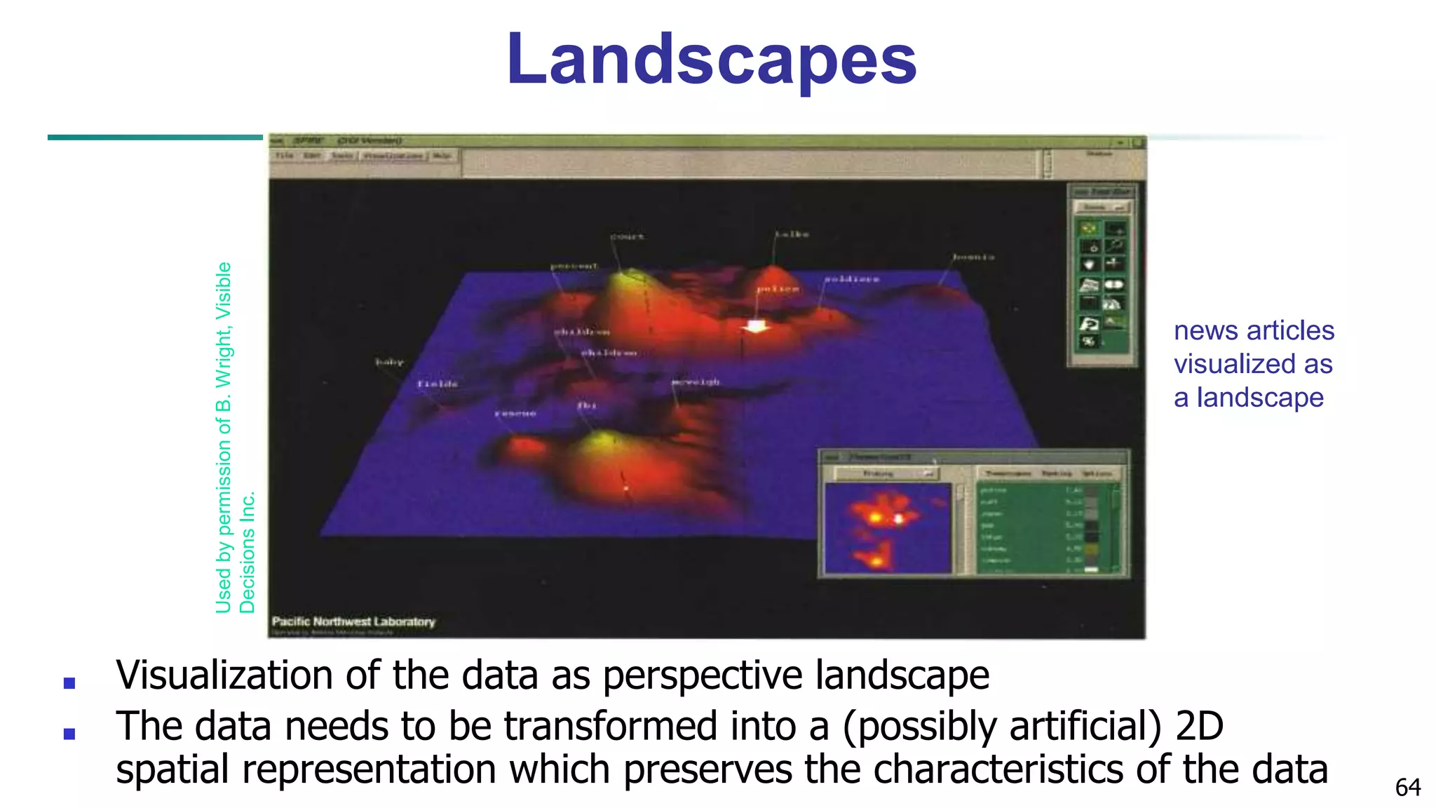 64 news articles visualized as a landscape Used by permission of B. Wright, Visible Decisions Inc. Landscapes ■ Visualization of the data as perspective landscape ■ The data needs to be transformed into a (possibly artificial) 2D spatial representation which preserves the characteristics of the data 