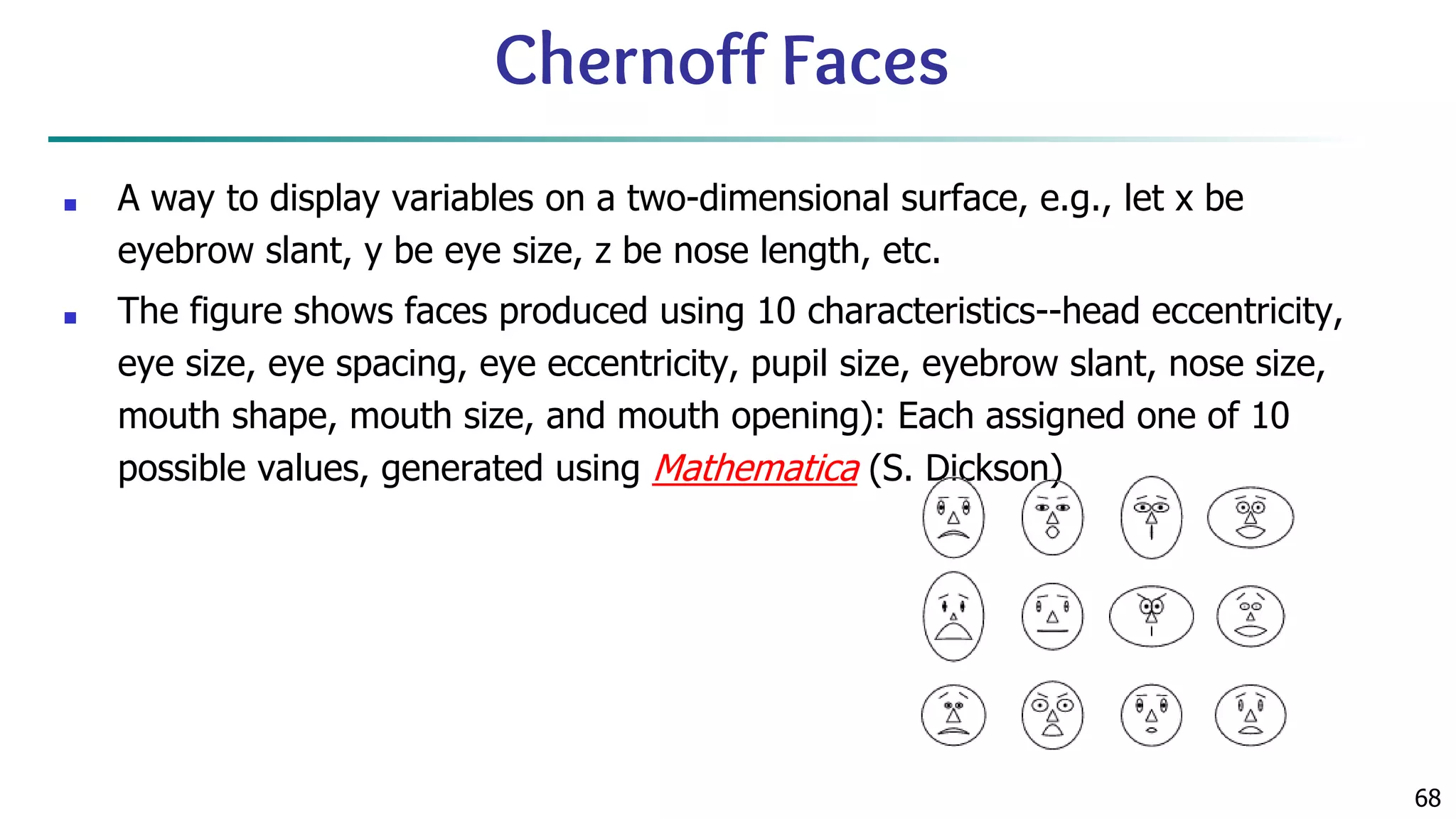 68 Chernoff Faces ■ A way to display variables on a two-dimensional surface, e.g., let x be eyebrow slant, y be eye size, z be nose length, etc. ■ The figure shows faces produced using 10 characteristics--head eccentricity, eye size, eye spacing, eye eccentricity, pupil size, eyebrow slant, nose size, mouth shape, mouth size, and mouth opening): Each assigned one of 10 possible values, generated using Mathematica (S. Dickson) 