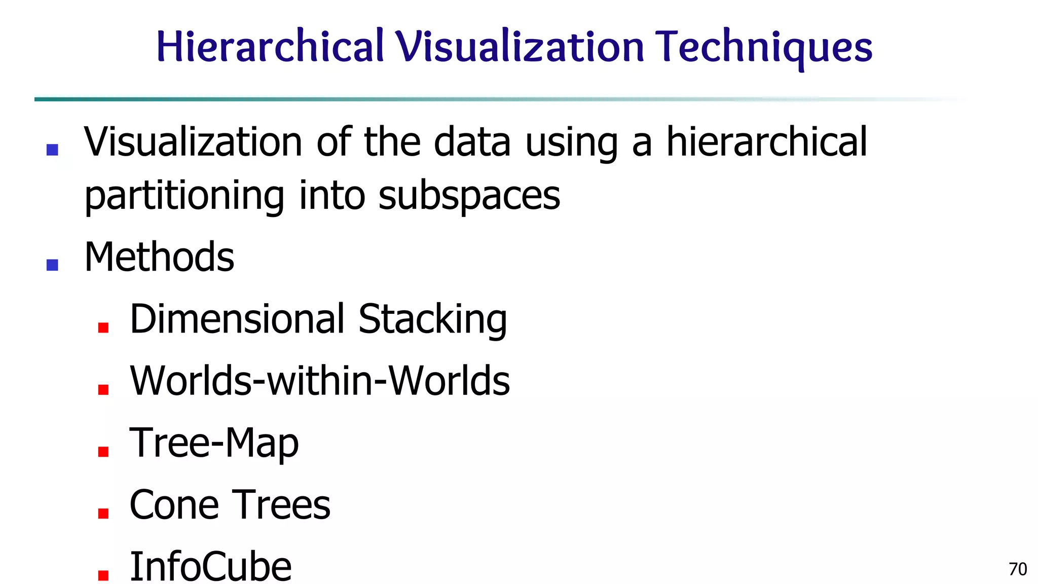 70 Hierarchical Visualization Techniques ■ Visualization of the data using a hierarchical partitioning into subspaces ■ Methods ■ Dimensional Stacking ■ Worlds-within-Worlds ■ Tree-Map ■ Cone Trees ■ InfoCube 