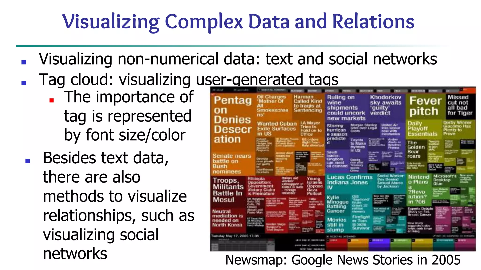 Visualizing Complex Data and Relations ■ Visualizing non-numerical data: text and social networks ■ Tag cloud: visualizing user-generated tags ■ The importance of tag is represented by font size/color ■ Besides text data, there are also methods to visualize relationships, such as visualizing social networks Newsmap: Google News Stories in 2005 