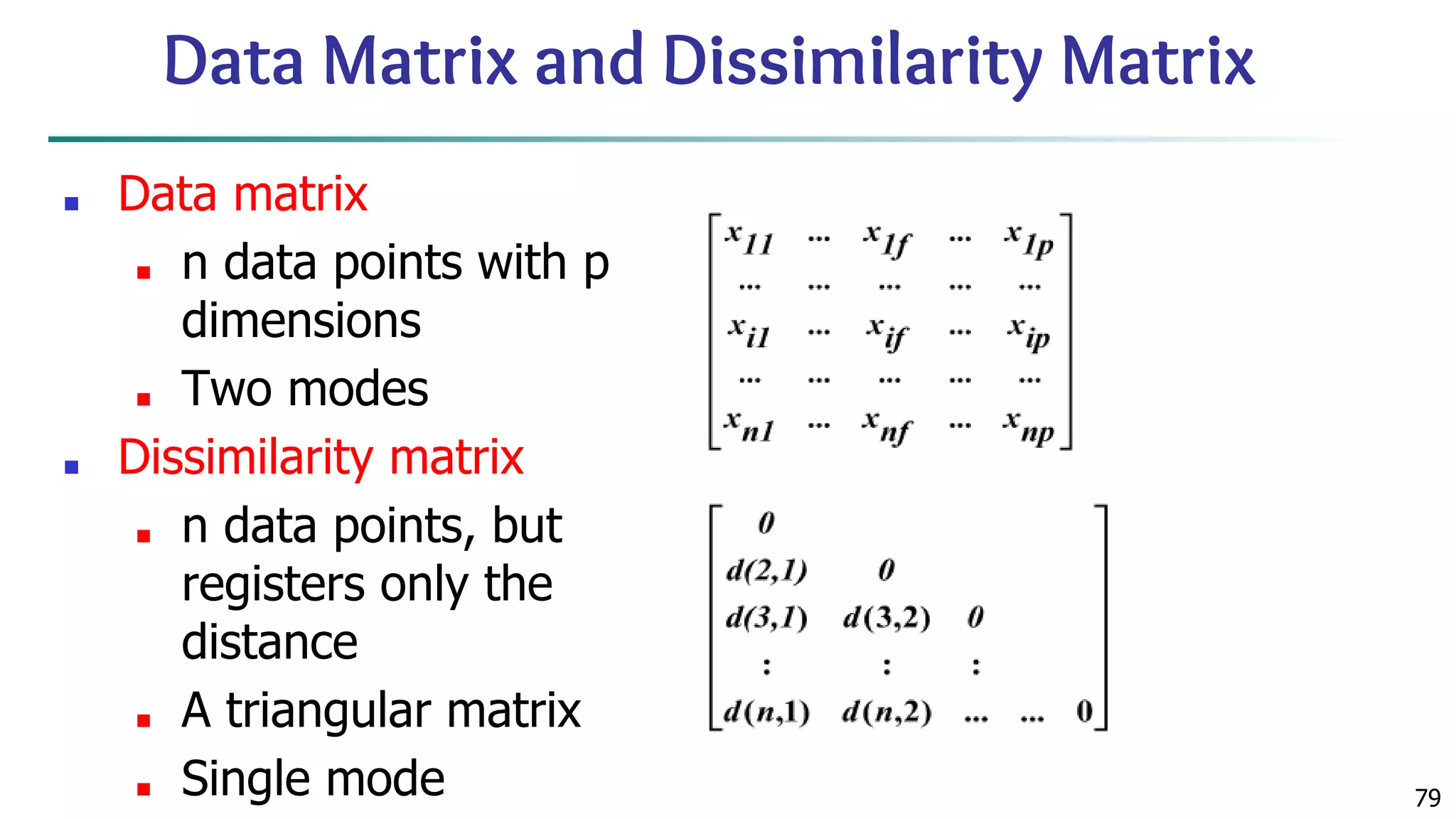 79 Data Matrix and Dissimilarity Matrix ■ Data matrix ■ n data points with p dimensions ■ Two modes ■ Dissimilarity matrix ■ n data points, but registers only the distance ■ A triangular matrix ■ Single mode 