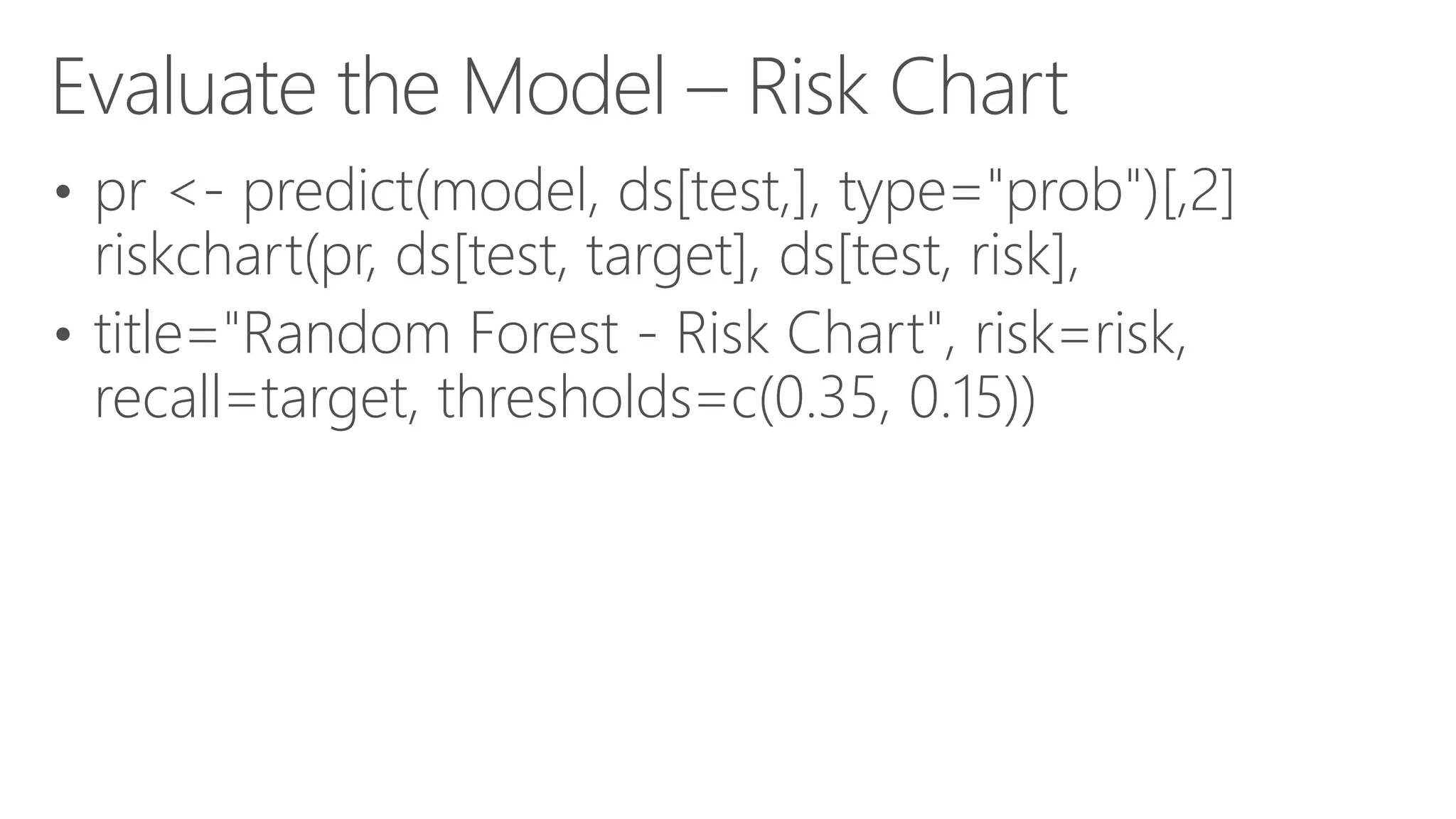 Evaluate the Model – Risk Chart • pr <- predict(model, ds[test,], type="prob")[,2] riskchart(pr, ds[test, target], ds[test, risk], • title="Random Forest - Risk Chart", risk=risk, recall=target, thresholds=c(0.35, 0.15)) 