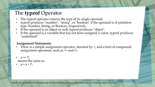 DEPT. Of COMPUTER SCIENCE & ENGINEERING,DAYANADA SAGAR UNIVERSITY,BENGULURU.
The typeof Operator
• The typeof operator returns the type of its single operand.
• typeof produces "number", "string", or "boolean" if the operand is of primitive
type Number, String, or Boolean, respectively.
• If the operand is an object or null, typeof produces "object“
• If the operand is a variable that has not been assigned a value, typeof produces
"undefined“
Assignment Statements
• There is a simple assignment operator, denoted by =, and a host of compound
assignment operators, such as += and /=.
• a += 7;
means the same as
• a = a + 7;
 