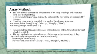 DEPT. Of COMPUTER SCIENCE & ENGINEERING,DAYANADA SAGAR UNIVERSITY,BENGULURU.
Array Methods
• The join method converts all the elements of an array to strings and catenates
them into a single string.
• If no parameter is provided to join, the values in the new string are separated by
commas.
• If a string parameter is provided, it is used as the element separator.
var names = new Array["Mary", "Murray", "Murphy", "Max"];
var name_string = names.join(" : ");
• Reverse method: It reverses the order of the elements of the Array object through
which it is called.
• The sort method coerces the elements of the array to become strings if they
are not already strings and sorts them alphabetically.
For example: names.sort();
The value of names is now ["Mary", "Max", "Murphy", "Murray"].
 