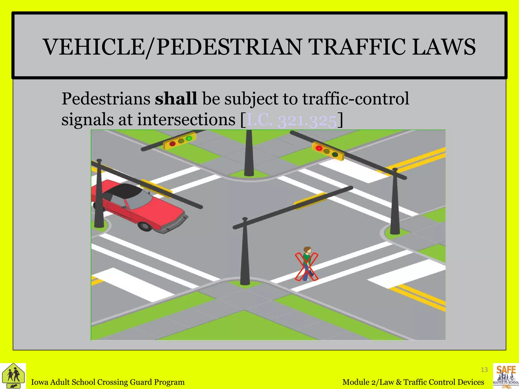 VEHICLE/PEDESTRIAN TRAFFIC LAWS Pedestrians  shall  be subject to traffic-control signals at intersections [ I.C. 321.325 ] 