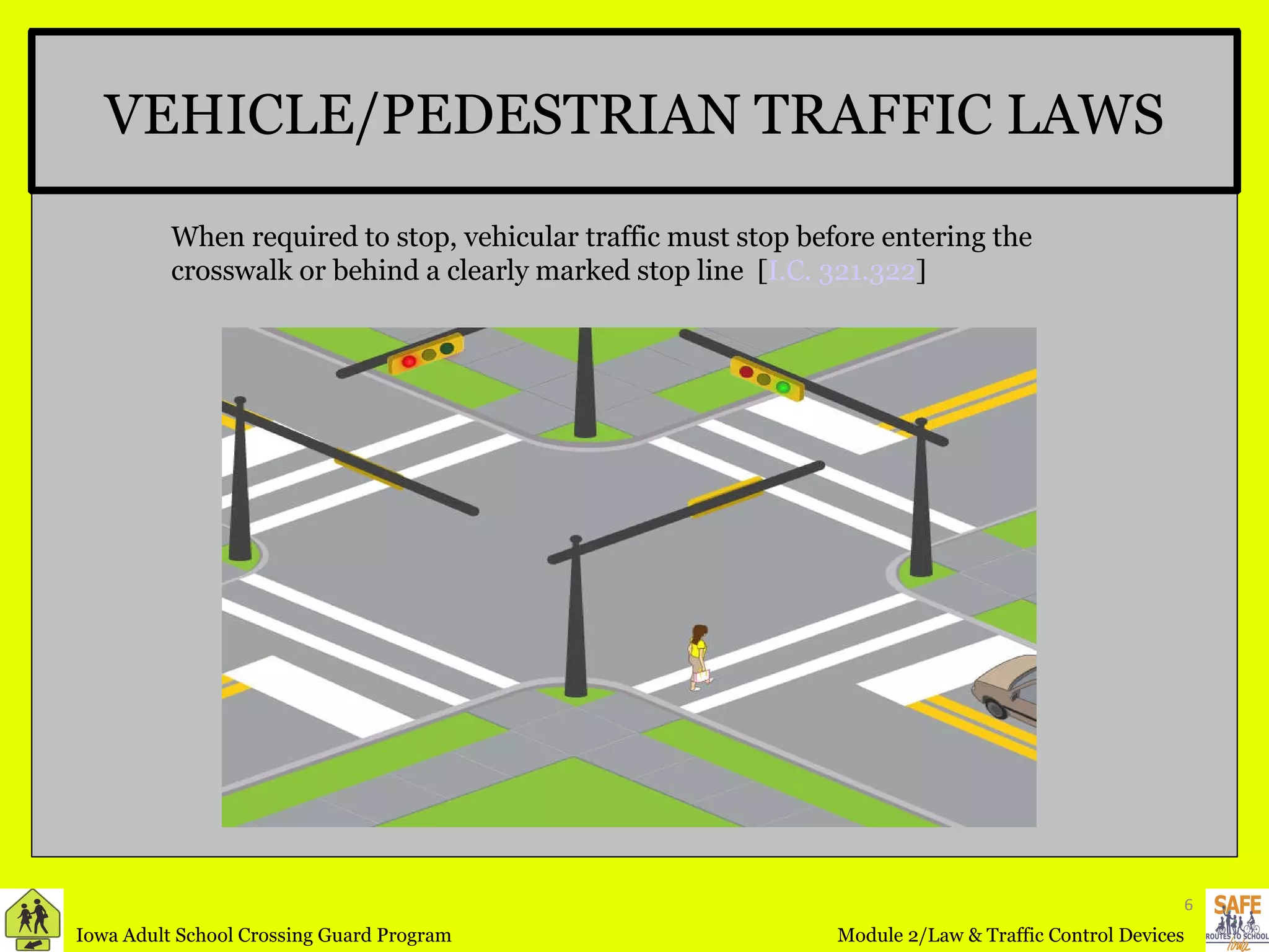 VEHICLE/PEDESTRIAN TRAFFIC LAWS When required to stop, vehicular traffic must stop before entering the crosswalk or behind a clearly marked stop line  [ I.C. 321.322 ] 