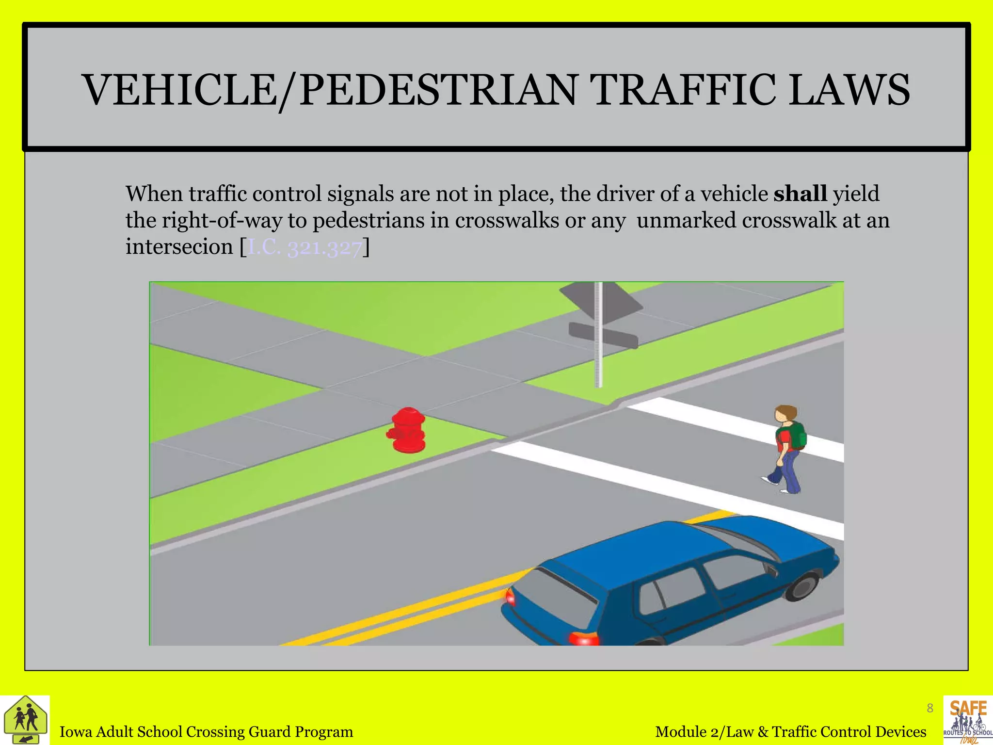 VEHICLE/PEDESTRIAN TRAFFIC LAWS When traffic control signals are not in place, the driver of a vehicle  shall  yield the right-of-way to pedestrians in crosswalks or any  unmarked crosswalk at an intersecion [ I.C. 321.327 ] 