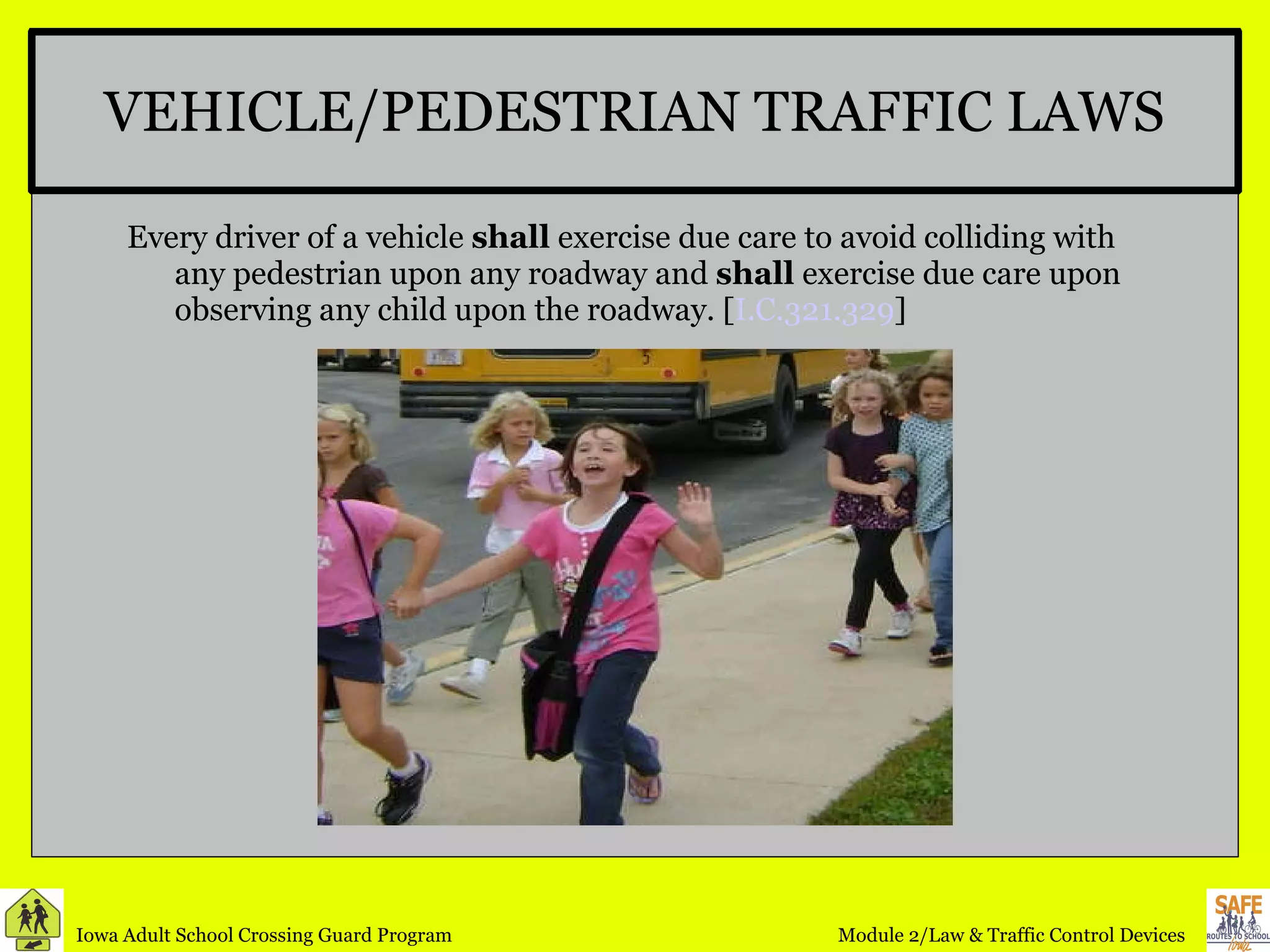 VEHICLE/PEDESTRIAN TRAFFIC LAWS Every driver of a vehicle  shall  exercise due care to avoid colliding with any pedestrian upon any roadway and  shall  exercise due care upon observing any child upon the roadway. [ I.C.321.329 ] 