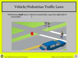 Vehicle/Pedestrian Traffic Laws Pedestrians  shall  move, wherever practicable, upon the right half of crosswalks [ I.C.321.330 ]. 