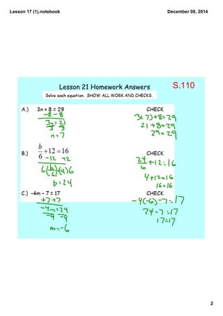 Lesson 17 (1).notebook 
2 
December 08, 2014 
Lesson 21 Homework Answers S.110 
 