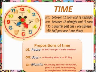 hours-
days -
Months -
at 8:00 –at night – at the weekend
on Monday, dates – on 6th May
in January, seasons – in autumn,
years – in 1992, in the morning,
in the afternoon, in the evening