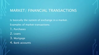 MARKET/ FINANCIAL TRANSACTIONS
Is basically the system of exchange in a market.
Examples of market transactions:
1. Purchases
2. Loans
3. Mortgage
4. Bank accounts
 