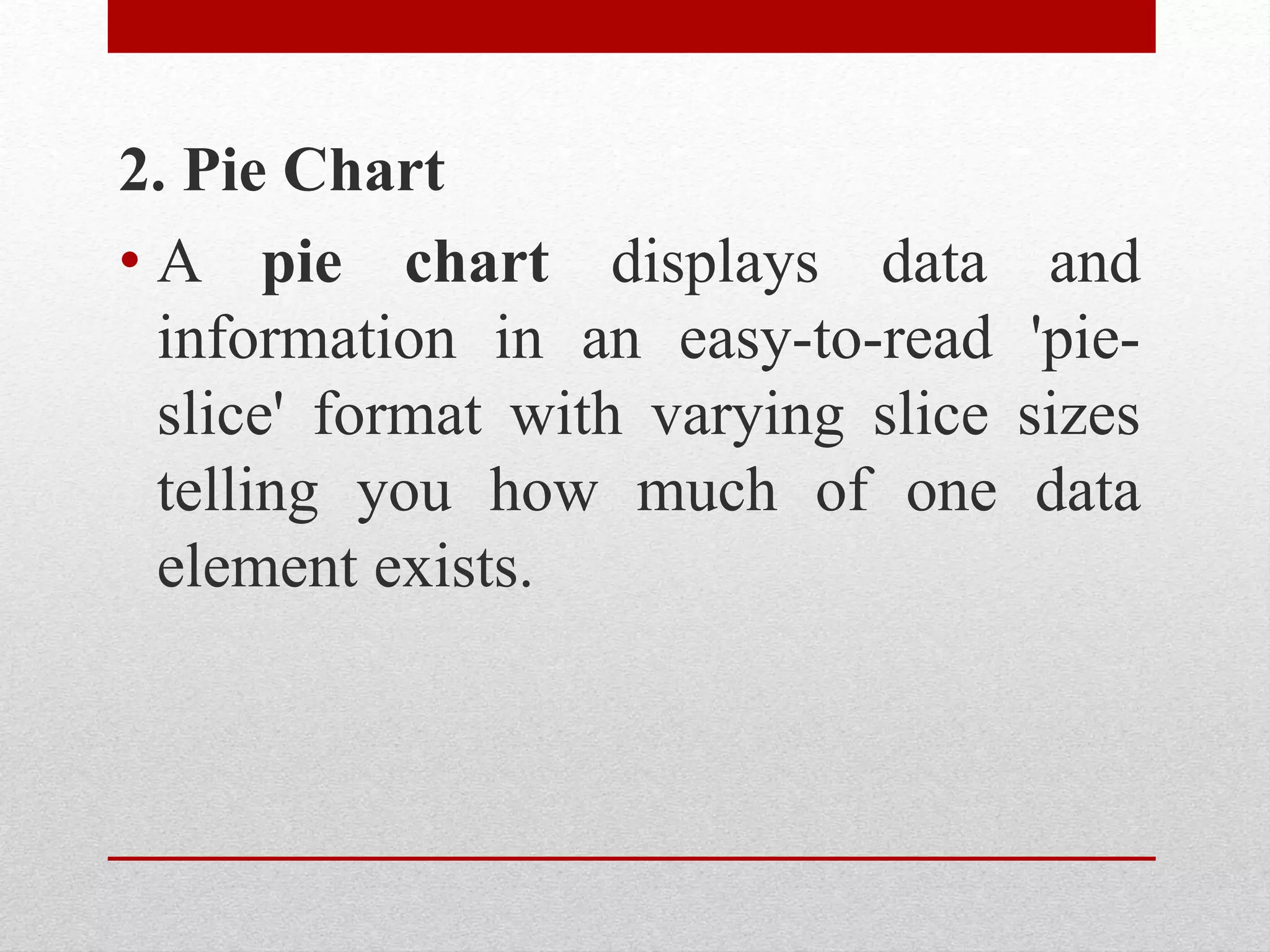 2. Pie Chart
• A pie chart displays data and
information in an easy-to-read 'pie-
slice' format with varying slice sizes
telling you how much of one data
element exists.
 