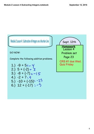 Module 2 Lesson 4 Subracting Integers.notebook
1
September 12, 2016
Homework
Lesson 4
Problem set
Page 23
Sept. 12th
DO NOW:
Complete the following addition problems.
CRS #1 due Wed.
Quiz Friday1.) -9 + 5
2.) 5 + (-2)
3.) -8 + (-7)
4.) -2 + 7
5.) -10 + (-15)
6.) 12 + (-17)
 