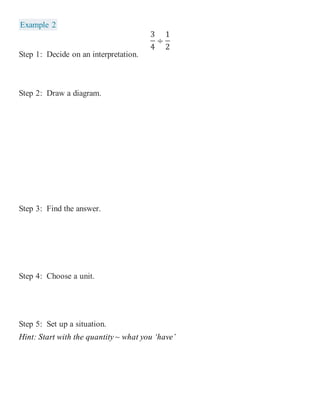 Example 2 
3 
4 
÷ 
1 
2 
Step 1: Decide on an interpretation. 
Step 2: Draw a diagram. 
Step 3: Find the answer. 
Step 4: Choose a unit. 
Step 5: Set up a situation. 
Hint: Start with the quantity ~ what you ‘have’ 
