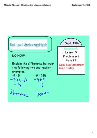 Module 2 Lesson 5 Subtracting Integers.notebook
1
September 13, 2016
Homework
Lesson 5
Problem set
Page 27
Sept. 13th
DO NOW:
Explain the difference between
the following two subtraction
examples.
-9 - 5 -9 - (-5)
CRS due tomorrow
Quiz Friday
 