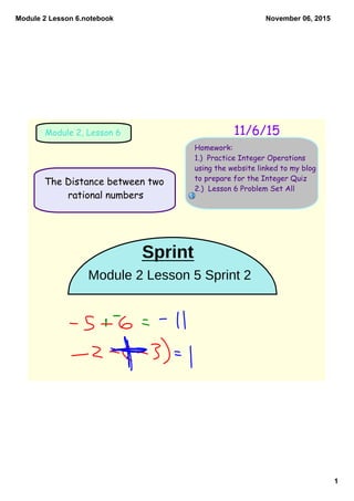 Module 2 Lesson 6.notebook
1
November 06, 2015
11/6/15Module 2, Lesson 6
Homework:
1.) Practice Integer Operations
using the website linked to my blog
to prepare for the Integer Quiz
2.) Lesson 6 Problem Set All
The Distance between two
rational numbers
Module 2 Lesson 5 Sprint 2
Sprint
 