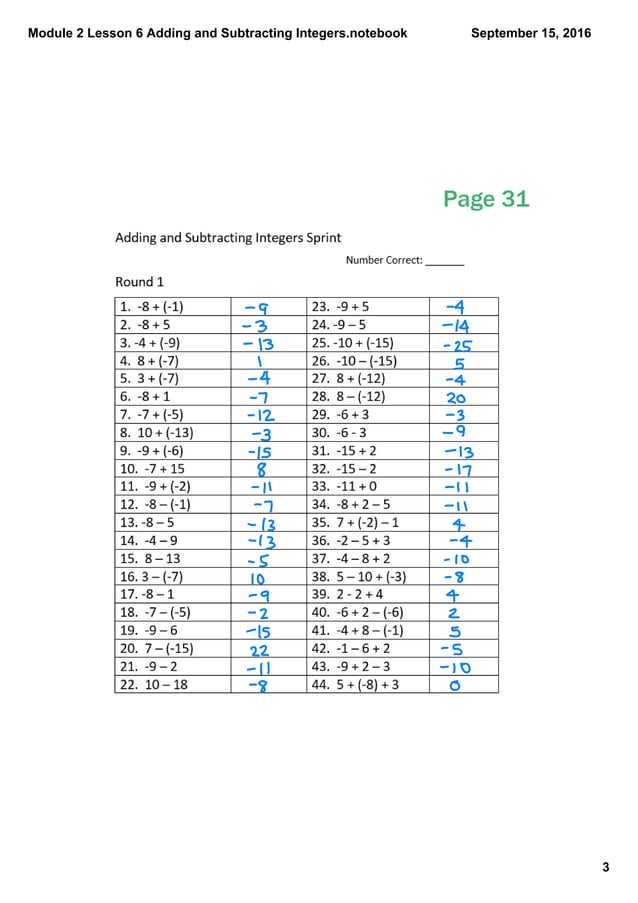 Module 2 lesson 6 adding and subtracting integers | PDF