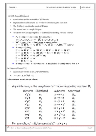MODULE 2 MCA-102 DIGITAL SYSTEMS & LOGIC DESIGN ADMN 2014-‘17
Dept. of Computer Science And Applications, SJCET, Palai Page 7
iii. SOP (Sum of Products)
 equations are written as an OR of AND terms
 Implementation of this form is a two-level network of gates such that:
 The first level consists of n-input AND gates
 The second level is a single OR gate
 This form often can be simplified so that the corresponding circuit is simpler.
Iv.Product of Sum (POS)
 equations are written as an AND of OR terms
 ))()(( CBBACAF 
Minterms and maxterms are related
 