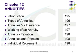 Chapter 12
ANNUITIES
   Introduction                                            195
   Types of Annuities                                      196
   Annuities Vs Insurance                                  197
   Working of an Annuity                                   197
   Annuity - Taxation                                      198
   Annuities and Pension                                   198
   Individual Retirement                                   198

                   © ACE School for Professional Studies.         13
 