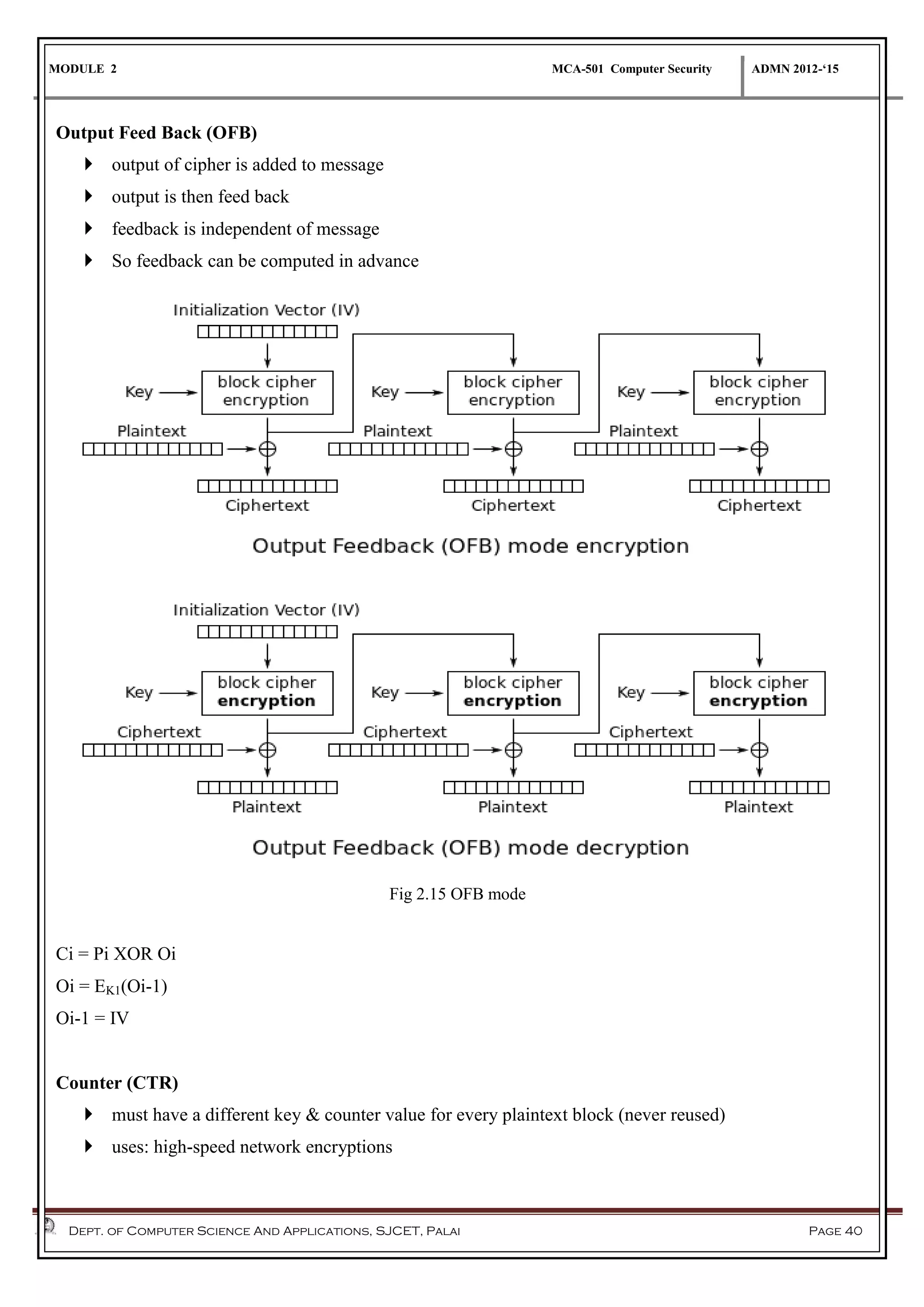 MODULE 2 MCA-501 Computer Security ADMN 2012-‘15
Dept. of Computer Science And Applications, SJCET, Palai Page 40
Output Feed Back (OFB)
 output of cipher is added to message
 output is then feed back
 feedback is independent of message
 So feedback can be computed in advance
Fig 2.15 OFB mode
Ci = Pi XOR Oi
Oi = EK1(Oi-1)
Oi-1 = IV
Counter (CTR)
 must have a different key & counter value for every plaintext block (never reused)
 uses: high-speed network encryptions
 