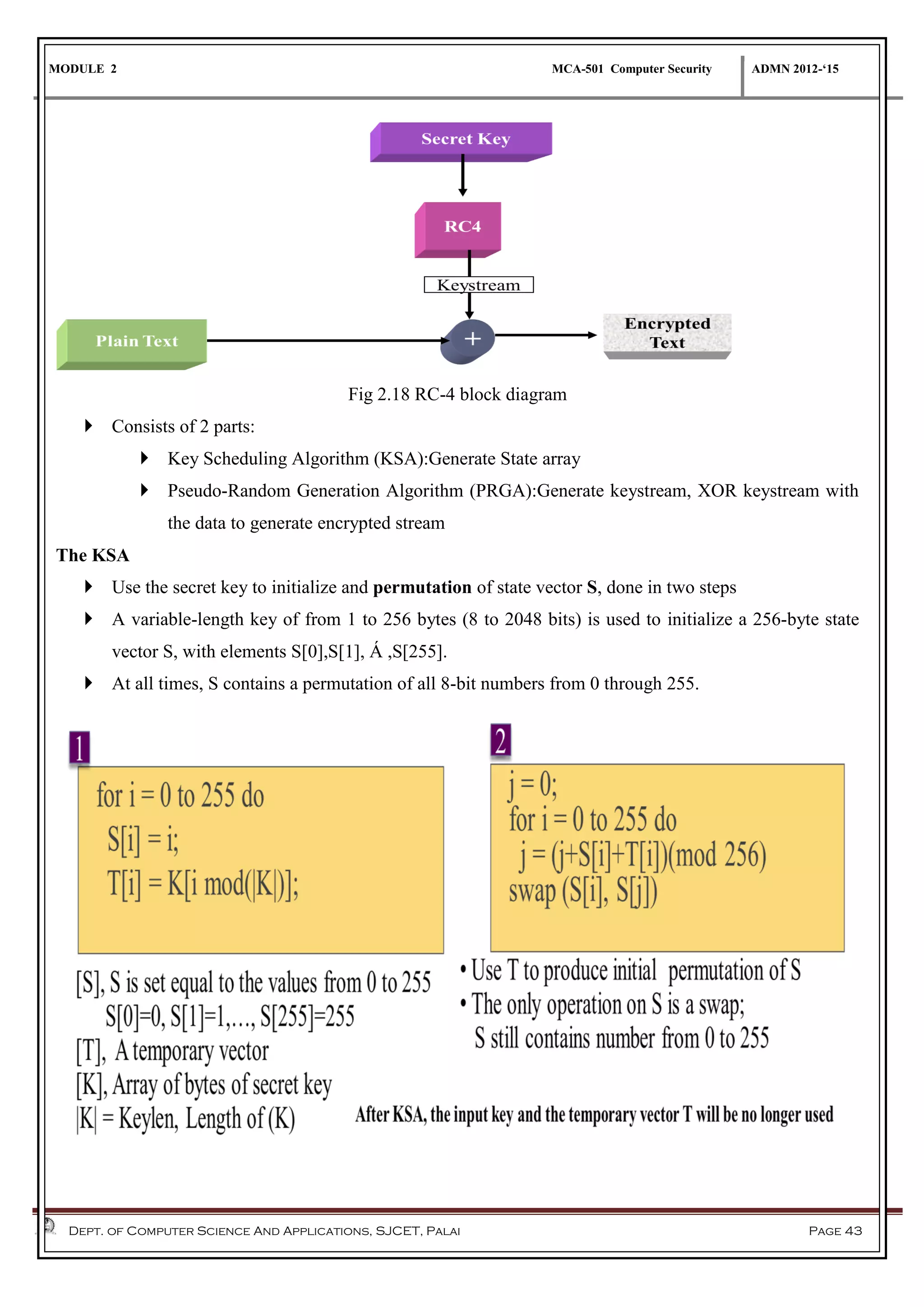 MODULE 2 MCA-501 Computer Security ADMN 2012-‘15
Dept. of Computer Science And Applications, SJCET, Palai Page 43
Fig 2.18 RC-4 block diagram
 Consists of 2 parts:
 Key Scheduling Algorithm (KSA):Generate State array
 Pseudo-Random Generation Algorithm (PRGA):Generate keystream, XOR keystream with
the data to generate encrypted stream
The KSA
 Use the secret key to initialize and permutation of state vector S, done in two steps
 A variable-length key of from 1 to 256 bytes (8 to 2048 bits) is used to initialize a 256-byte state
vector S, with elements S[0],S[1], Á ,S[255].
 At all times, S contains a permutation of all 8-bit numbers from 0 through 255.
 