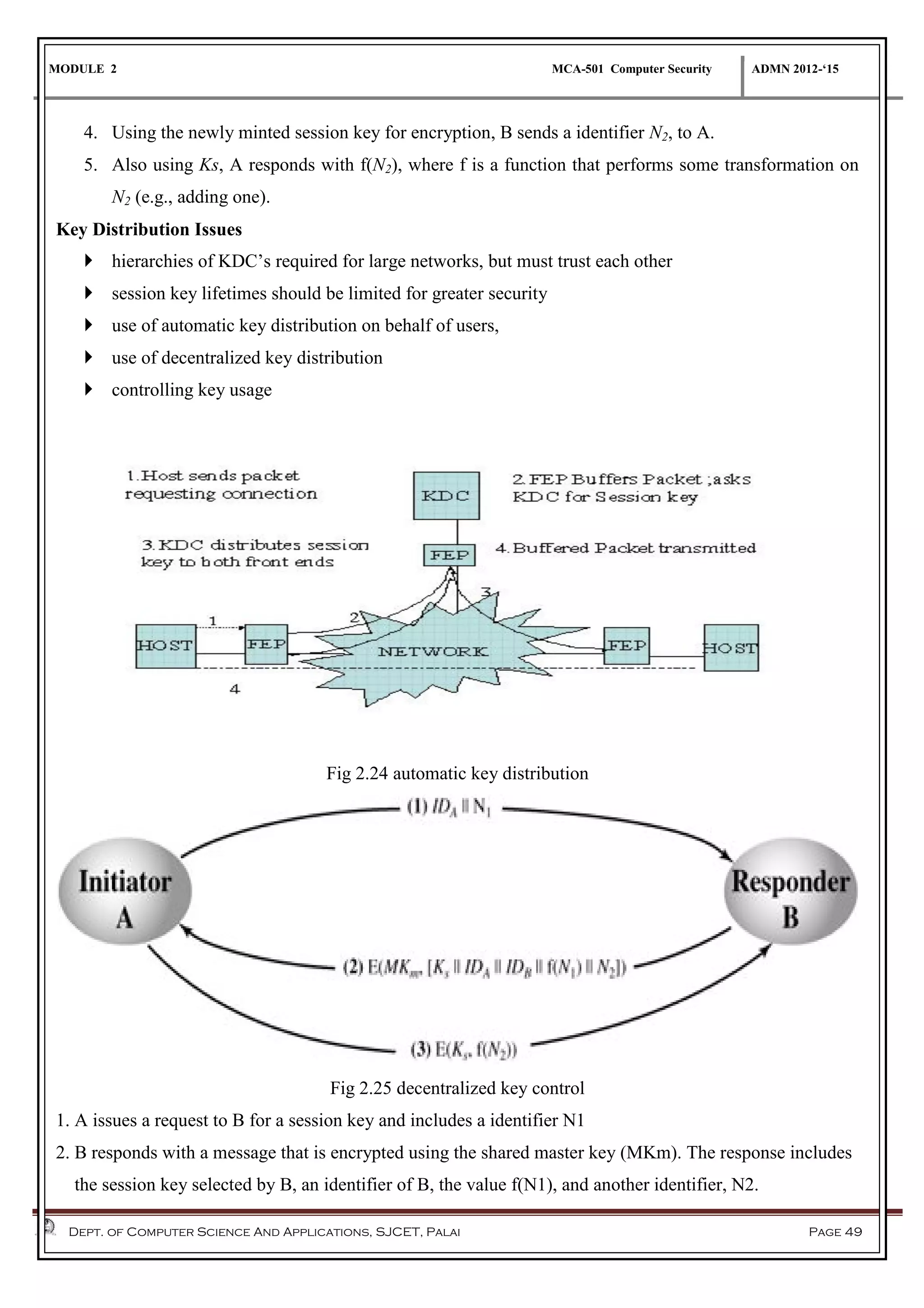 MODULE 2 MCA-501 Computer Security ADMN 2012-‘15
Dept. of Computer Science And Applications, SJCET, Palai Page 49
4. Using the newly minted session key for encryption, B sends a identifier N2, to A.
5. Also using Ks, A responds with f(N2), where f is a function that performs some transformation on
N2 (e.g., adding one).
Key Distribution Issues
 hierarchies of KDC’s required for large networks, but must trust each other
 session key lifetimes should be limited for greater security
 use of automatic key distribution on behalf of users,
 use of decentralized key distribution
 controlling key usage
Fig 2.24 automatic key distribution
Fig 2.25 decentralized key control
1. A issues a request to B for a session key and includes a identifier N1
2. B responds with a message that is encrypted using the shared master key (MKm). The response includes
the session key selected by B, an identifier of B, the value f(N1), and another identifier, N2.
 