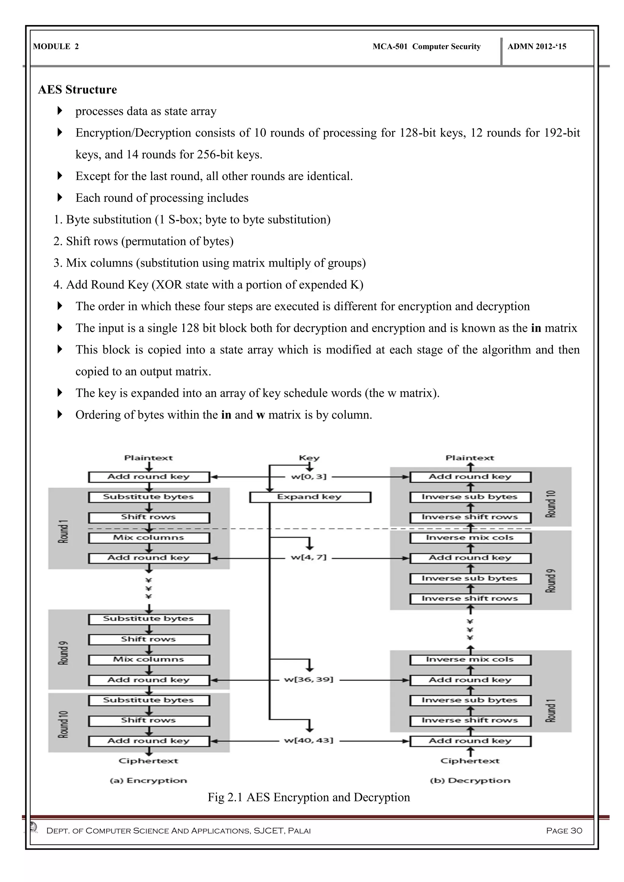 MODULE 2 MCA-501 Computer Security ADMN 2012-‘15
Dept. of Computer Science And Applications, SJCET, Palai Page 30
AES Structure
 processes data as state array
 Encryption/Decryption consists of 10 rounds of processing for 128-bit keys, 12 rounds for 192-bit
keys, and 14 rounds for 256-bit keys.
 Except for the last round, all other rounds are identical.
 Each round of processing includes
1. Byte substitution (1 S-box; byte to byte substitution)
2. Shift rows (permutation of bytes)
3. Mix columns (substitution using matrix multiply of groups)
4. Add Round Key (XOR state with a portion of expended K)
 The order in which these four steps are executed is different for encryption and decryption
 The input is a single 128 bit block both for decryption and encryption and is known as the in matrix
 This block is copied into a state array which is modified at each stage of the algorithm and then
copied to an output matrix.
 The key is expanded into an array of key schedule words (the w matrix).
 Ordering of bytes within the in and w matrix is by column.
Fig 2.1 AES Encryption and Decryption
 