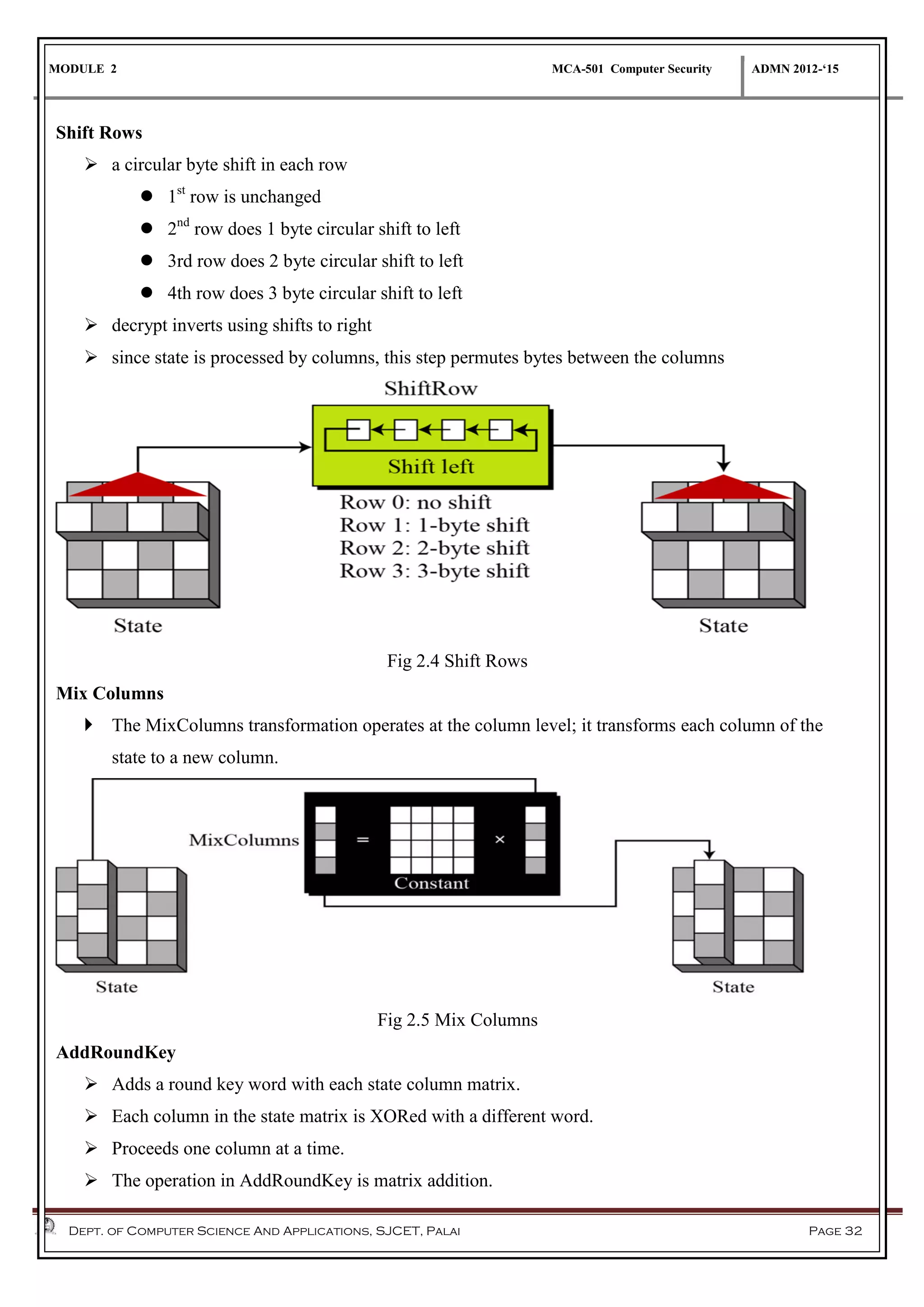 MODULE 2 MCA-501 Computer Security ADMN 2012-‘15
Dept. of Computer Science And Applications, SJCET, Palai Page 32
Shift Rows
 a circular byte shift in each row
 1st
row is unchanged
 2nd
row does 1 byte circular shift to left
 3rd row does 2 byte circular shift to left
 4th row does 3 byte circular shift to left
 decrypt inverts using shifts to right
 since state is processed by columns, this step permutes bytes between the columns
Fig 2.4 Shift Rows
Mix Columns
 The MixColumns transformation operates at the column level; it transforms each column of the
state to a new column.
Fig 2.5 Mix Columns
AddRoundKey
 Adds a round key word with each state column matrix.
 Each column in the state matrix is XORed with a different word.
 Proceeds one column at a time.
 The operation in AddRoundKey is matrix addition.
 