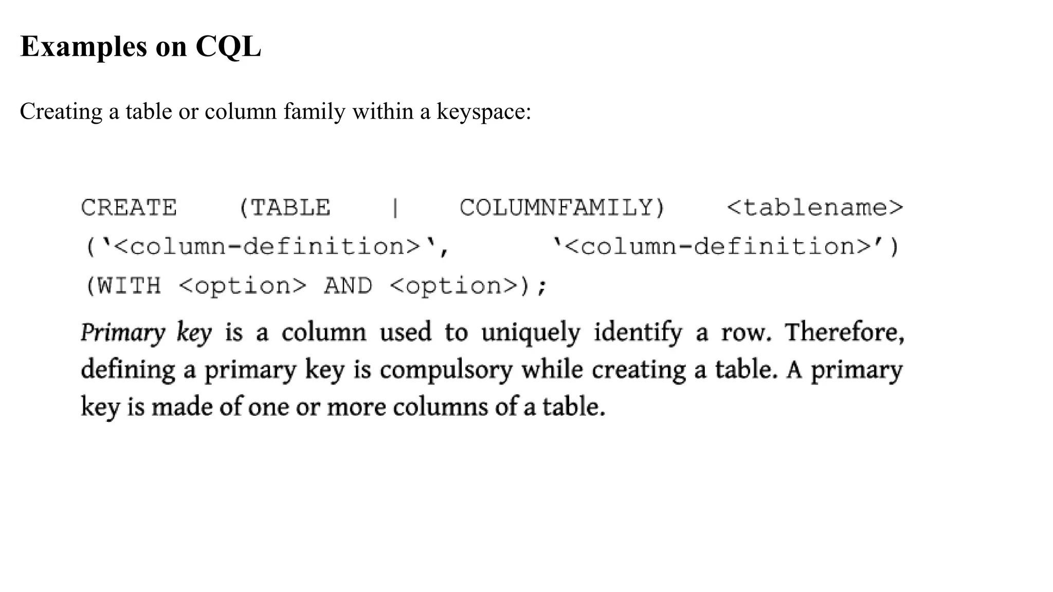Examples on CQL Creating a table or column family within a keyspace: 