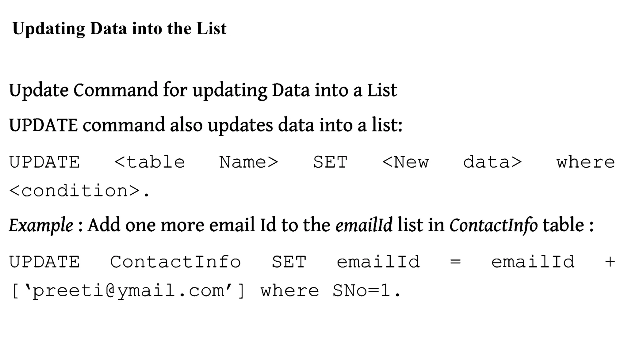 Updating Data into the List 