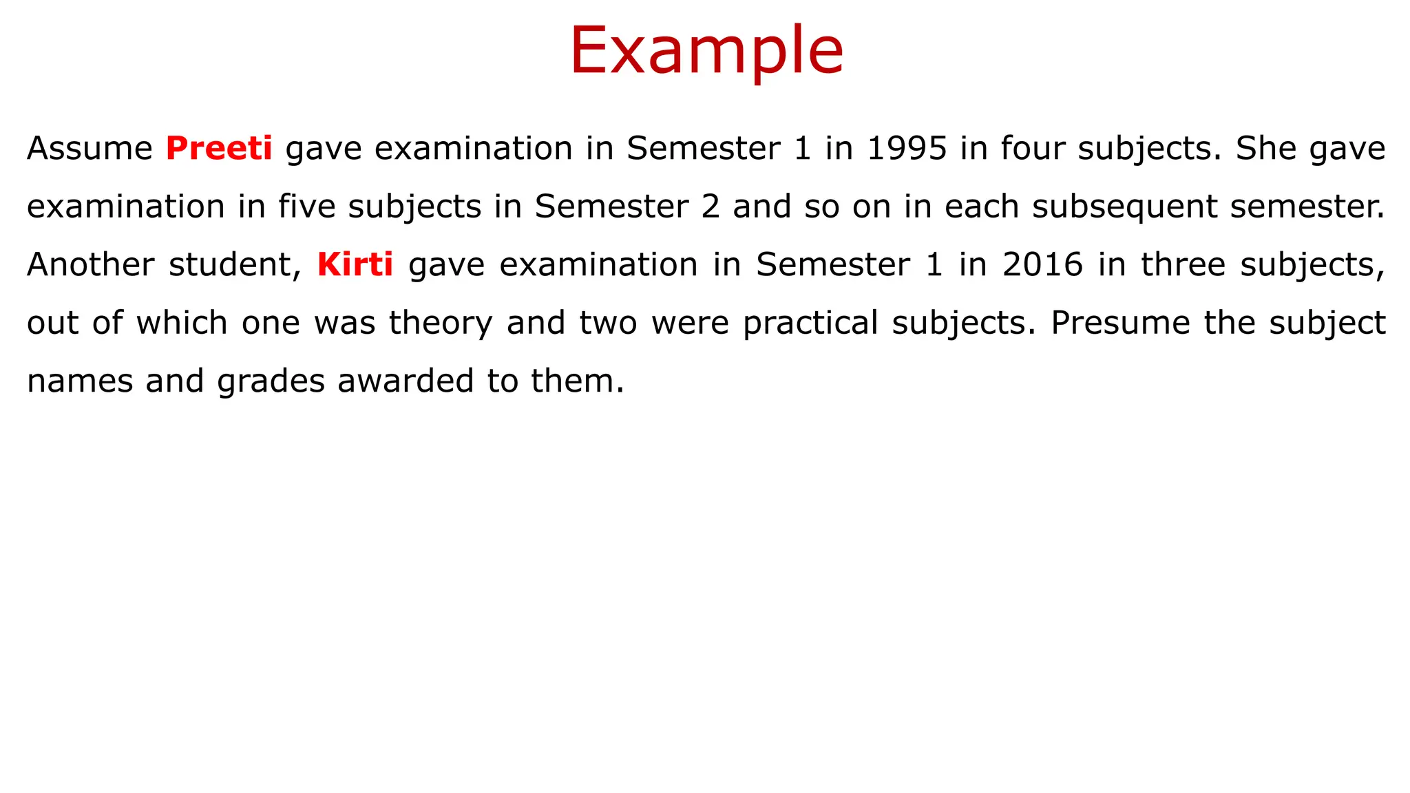 Example Assume Preeti gave examination in Semester 1 in 1995 in four subjects. She gave examination in five subjects in Semester 2 and so on in each subsequent semester. Another student, Kirti gave examination in Semester 1 in 2016 in three subjects, out of which one was theory and two were practical subjects. Presume the subject names and grades awarded to them. 