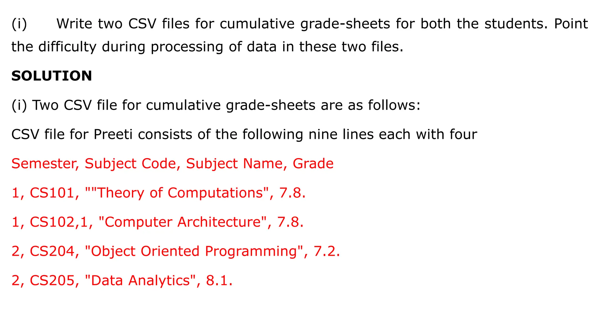 (i) Write two CSV files for cumulative grade-sheets for both the students. Point the difficulty during processing of data in these two files. SOLUTION (i) Two CSV file for cumulative grade-sheets are as follows: CSV file for Preeti consists of the following nine lines each with four Semester, Subject Code, Subject Name, Grade 1, CS101, ""Theory of Computations", 7.8. 1, CS102,1, "Computer Architecture", 7.8. 2, CS204, "Object Oriented Programming", 7.2. 2, CS205, "Data Analytics", 8.1. 