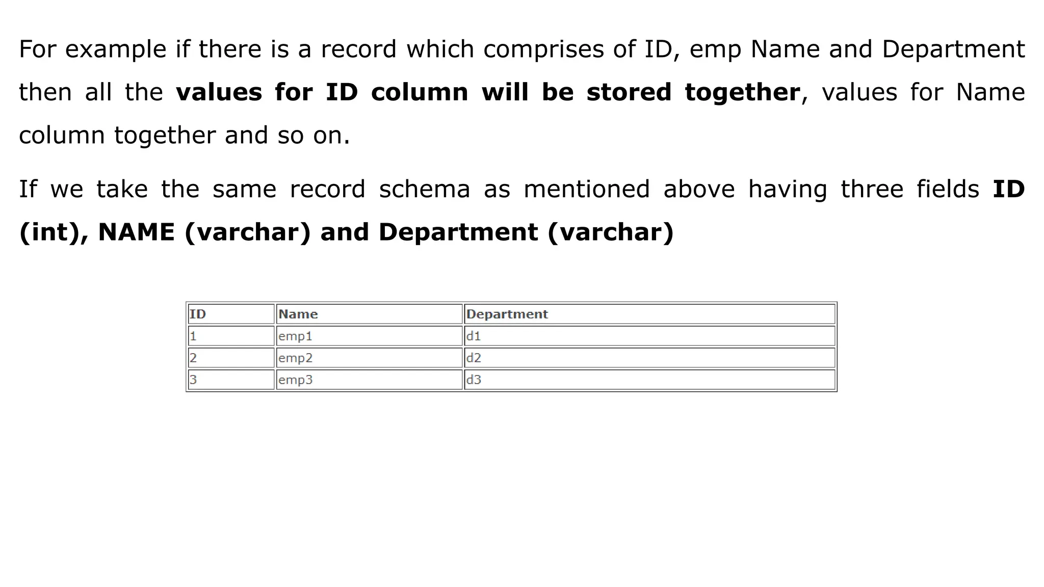 For example if there is a record which comprises of ID, emp Name and Department then all the values for ID column will be stored together, values for Name column together and so on. If we take the same record schema as mentioned above having three fields ID (int), NAME (varchar) and Department (varchar) 