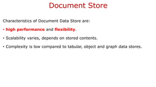 Document Store
Characteristics of Document Data Store are:
• high performance and flexibility.
• Scalability varies, depends on stored contents.
• Complexity is low compared to tabular, object and graph data stores.
 
