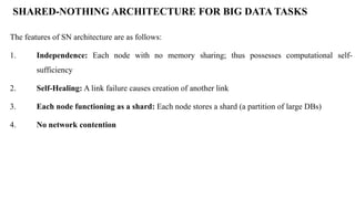 SHARED-NOTHING ARCHITECTURE FOR BIG DATA TASKS
The features of SN architecture are as follows:
1. Independence: Each node with no memory sharing; thus possesses computational self-
sufficiency
2. Self-Healing: A link failure causes creation of another link
3. Each node functioning as a shard: Each node stores a shard (a partition of large DBs)
4. No network contention
 
