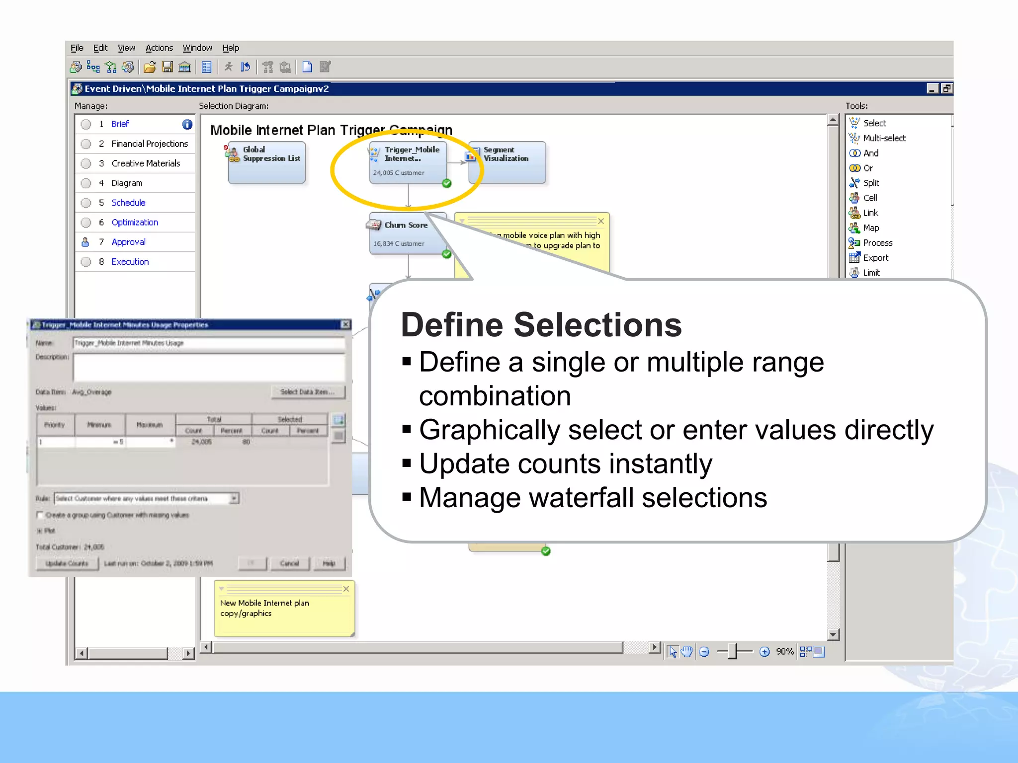 Define Selections
 Define a single or multiple range
  combination
 Graphically select or enter values directly
 Update counts instantly
 Manage waterfall selections




                                                            20



Copyright © 2011, SAS Institute Inc. All rights reserved.
 